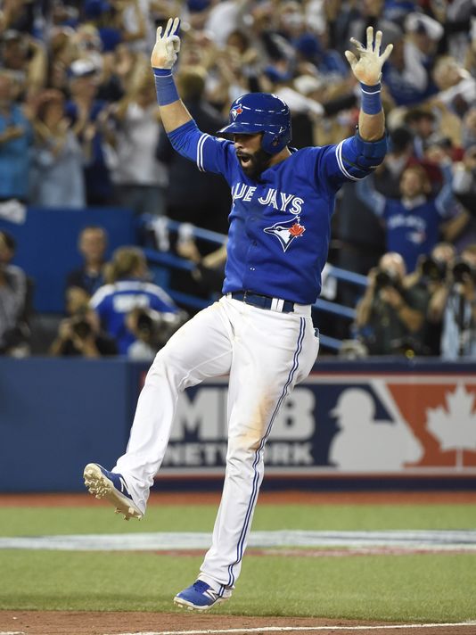 American League's Jose Bautista of the Toronto Blue Jays watches