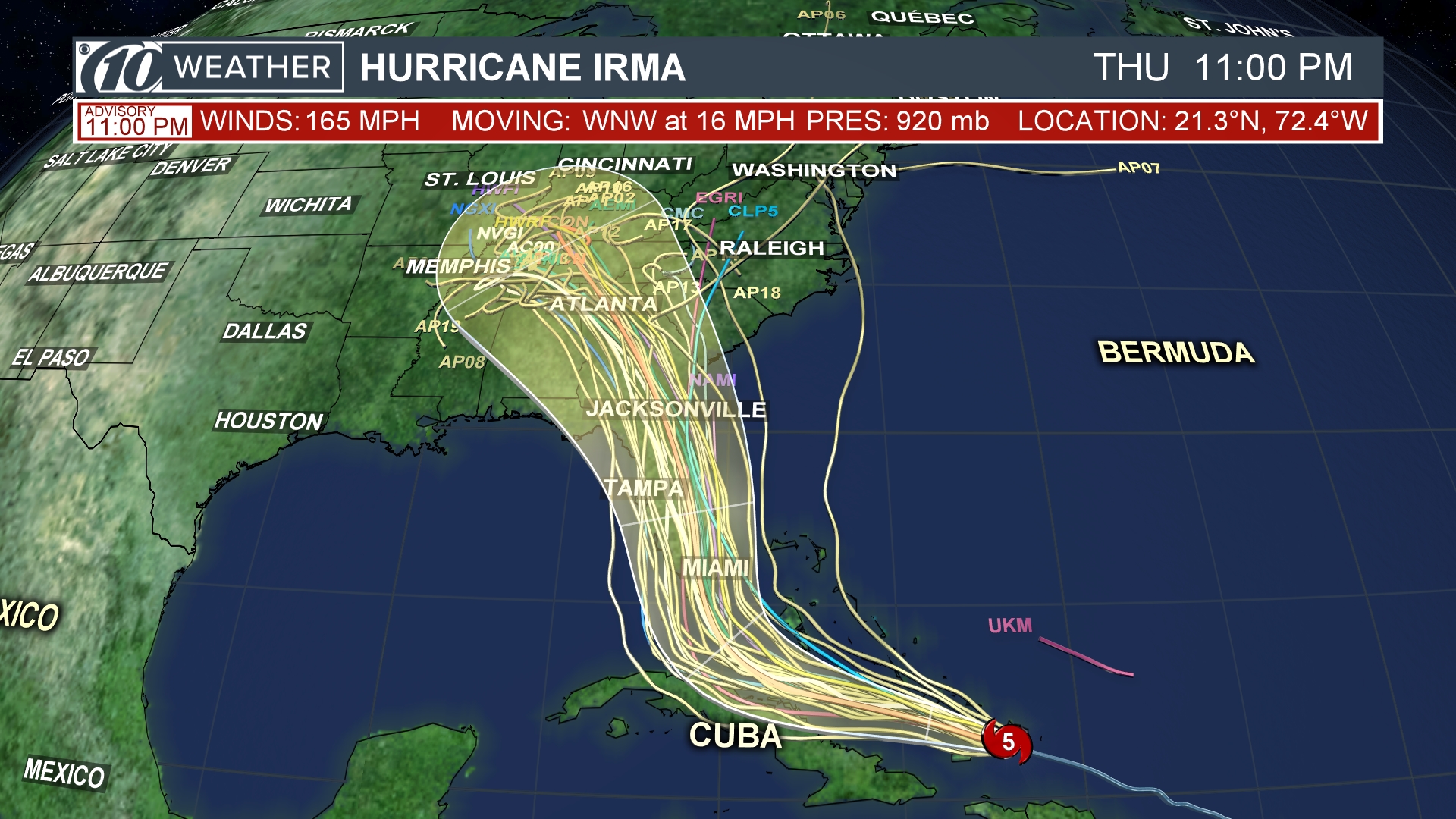 Hurricane Irma Current forecast track, spaghetti models and satellite