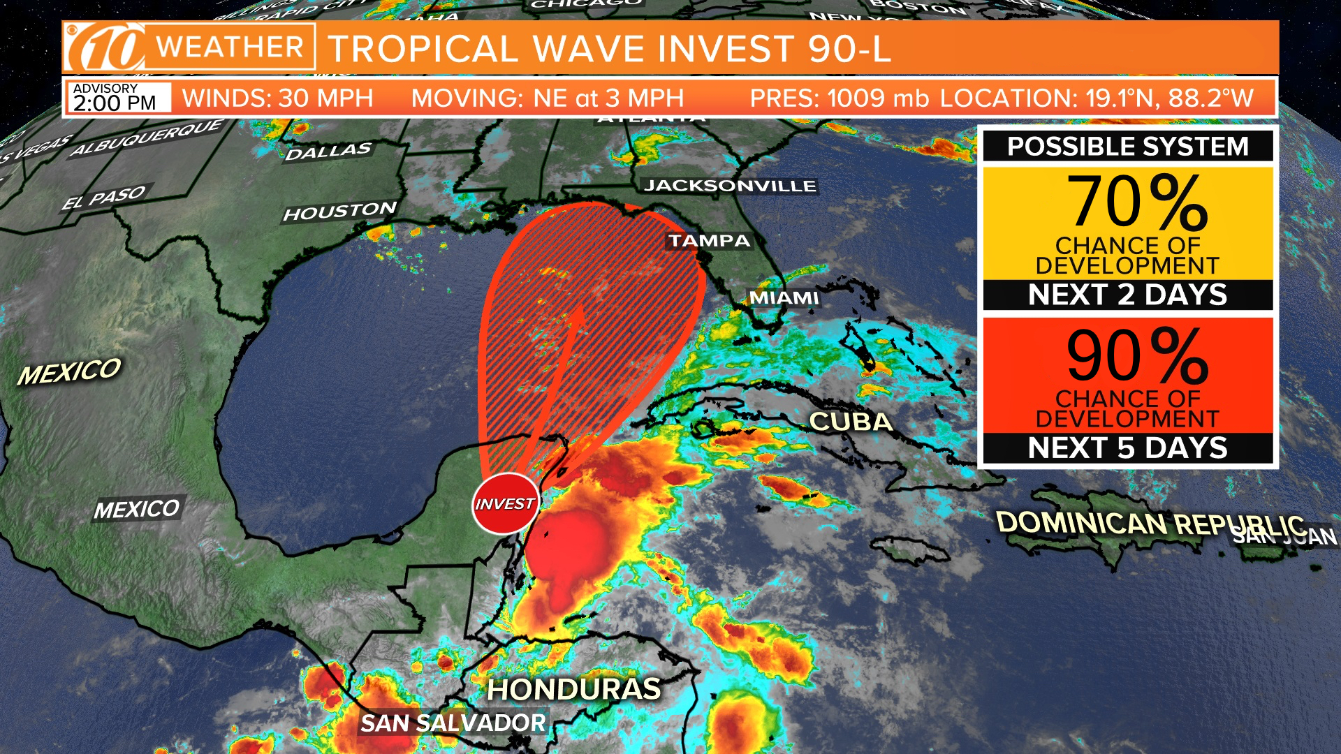 National Hurricane Center: 90% chance of tropical development for system moving into Gulf